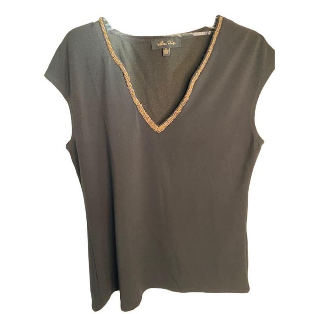 Melissa Paige Black‎ Stretchy V-Neck Sleeveless EUC Small Beaded Top